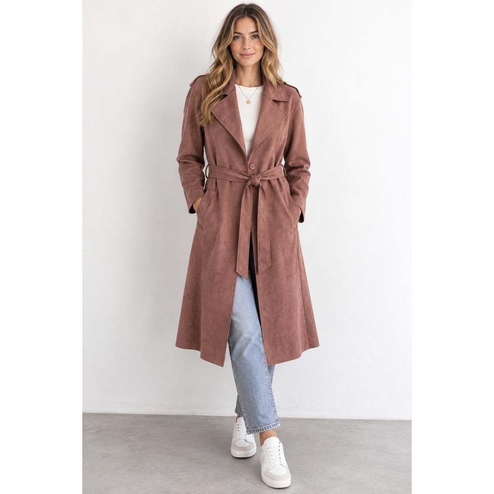 HYFVE Faux Suede Trench Coat Belted Longline Jacket Neutral Capsule Wardrobe M